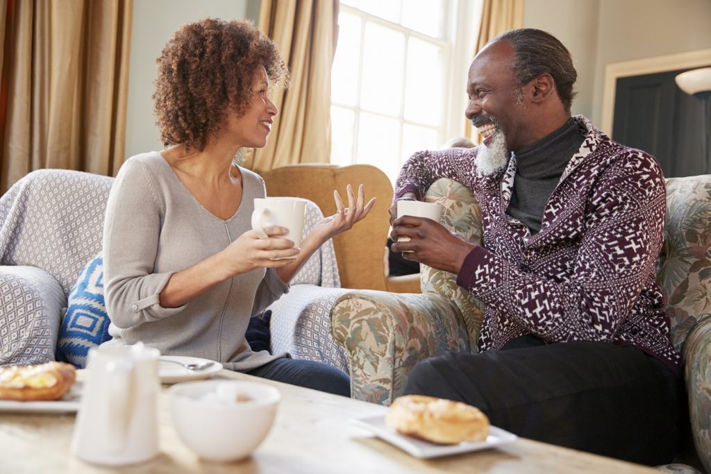 Couple enjoying a coffee date because they're both ready to start dating again.
