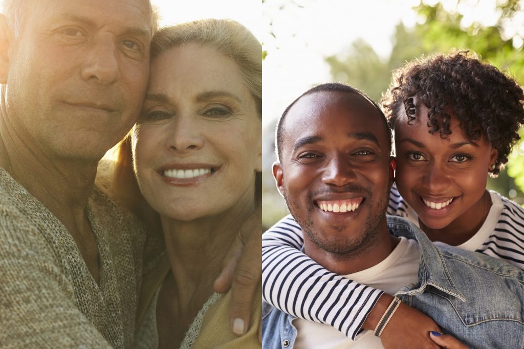 Two happy couples: 1 mature couple and 1 younger couple.