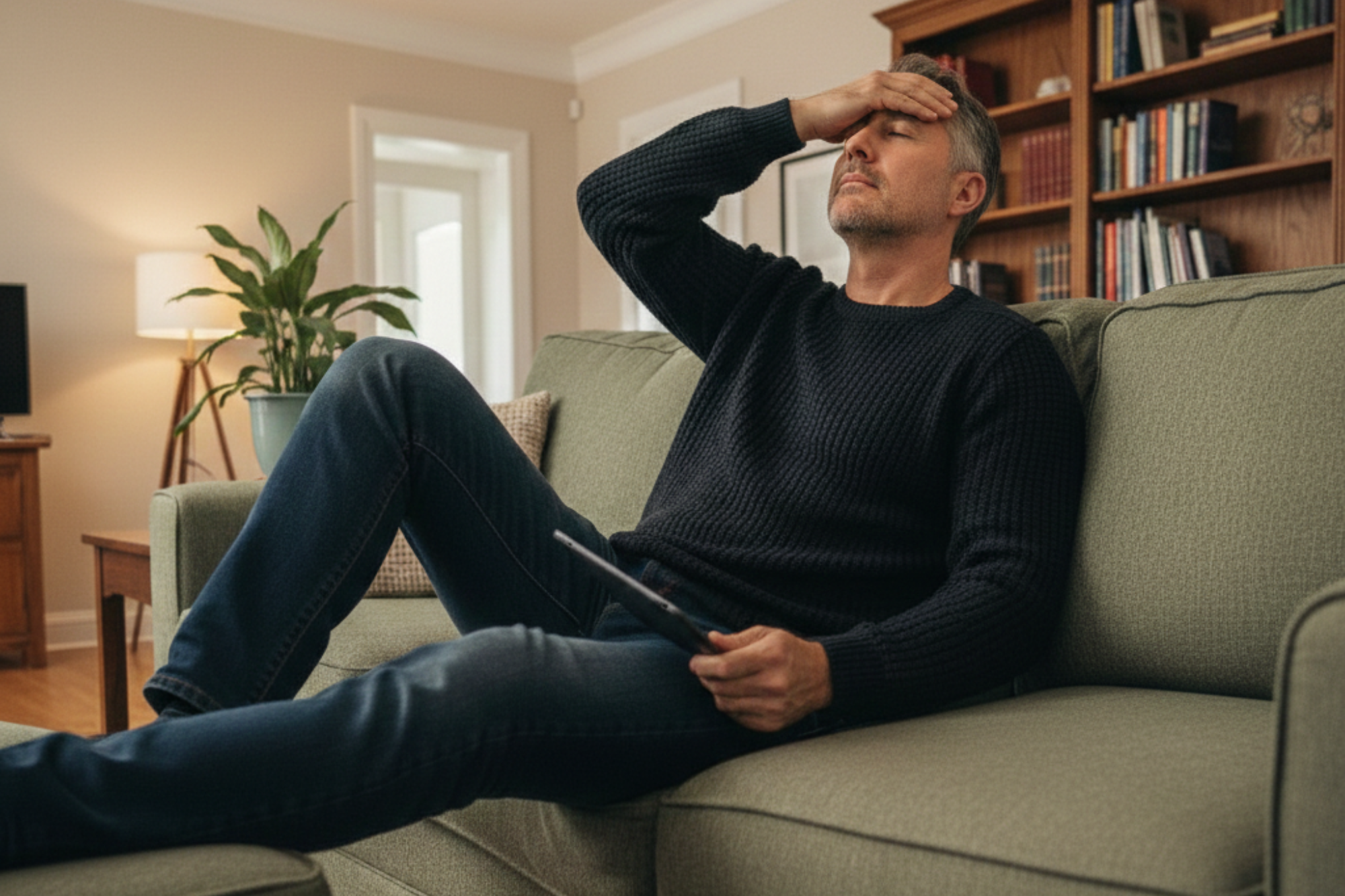 A man sitting on his couch experiencing dating app fatigue, lays back exhausted with his hand across his eyes.