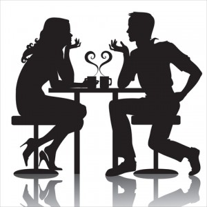 Graphic of a couple on a coffee date putting their knowledge of first date tips to the test.