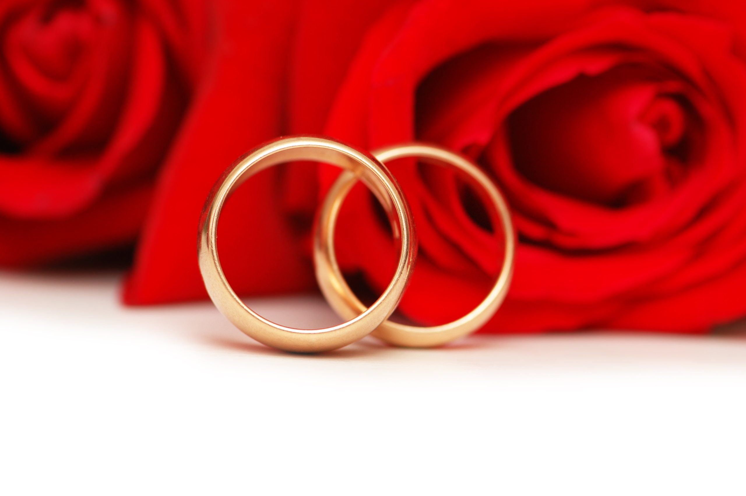 Close of 2 gold wedding bands on a backdrop of red roses- winning gold in olympic dating.