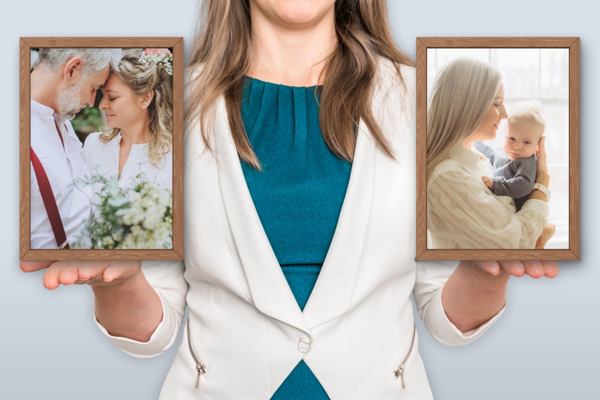A single woman at 40, looking at two images and trying to decide between focusing on finding love or becoming a single parent by choice.
