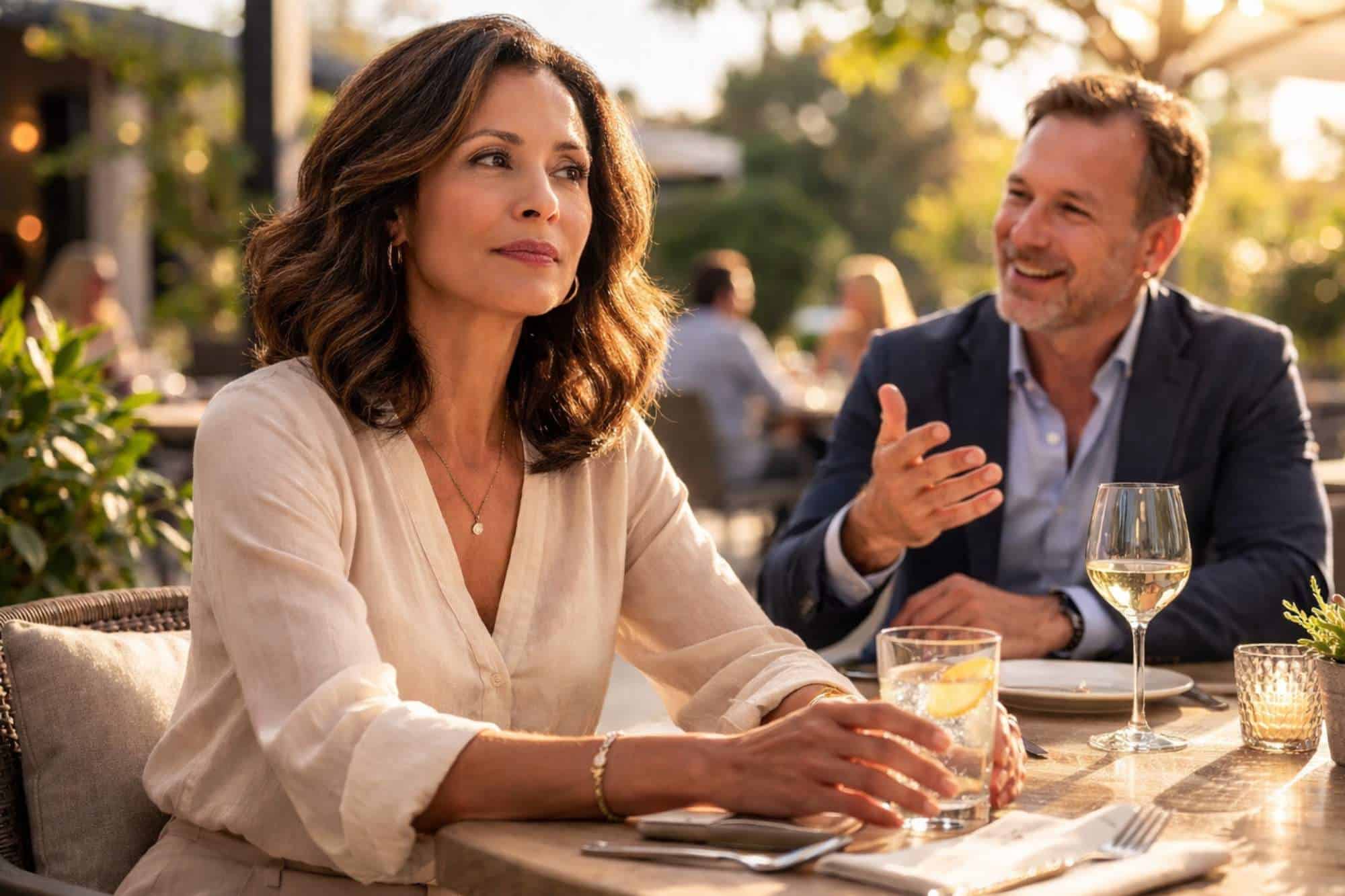 A woman on a first date with a man she finds uninteresting, contemplating dating blind spots that might be sabotaging her love life.