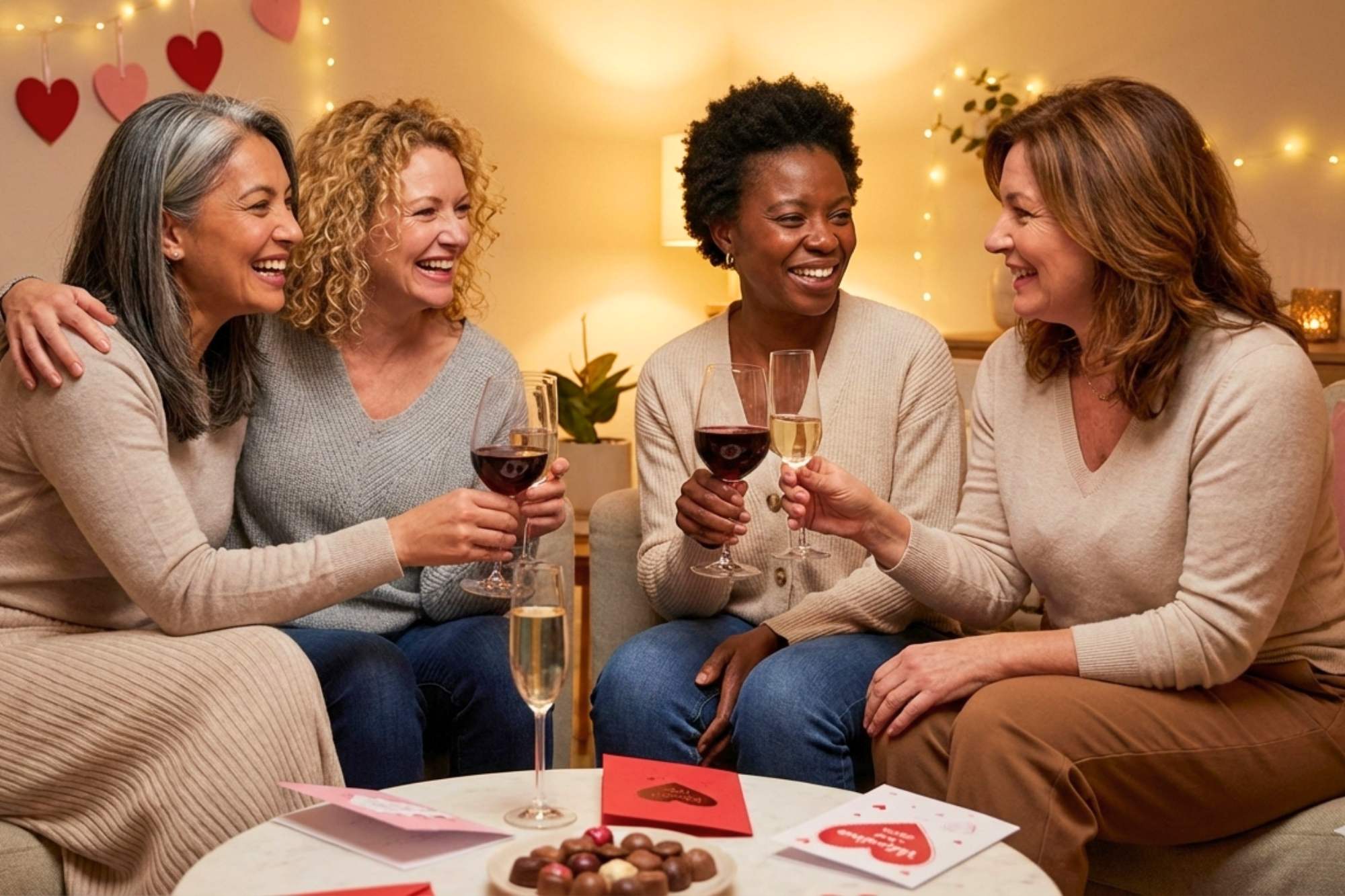 no-valentines-no-worries-2026 Group of four diverse, middle-aged women celebrating being single on Valentine's Day.
